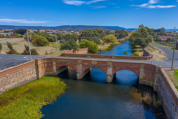 Aerial view of the red bridge in Campbell town in Tasmania, Australia