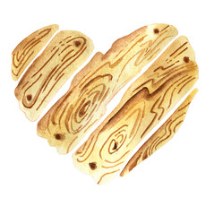 Heart made of wooden sprigs. Watercolor wooden texture on a white background. Greeting card for lovers in natural, Boho style. Object for postcards and posters.