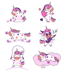 Unicorns are cute and funny in different situations. Vector image in kawaii style. For children's design, prints and stickers.