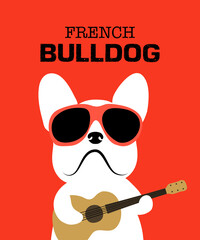 French bulldog wearing red sunglasses and playing guitar. French dog loves Pop rock music. Hand drawing vector illustration art on red background.