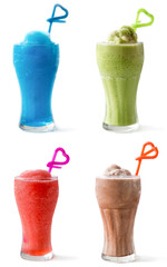 Multi juice fruit smoothie in a glass with a straw made into a heart shape of Blue Hawaii, Green tea, Red Soda, Cocoa Chocolate Nectar Ice Smoothie, Colorful drink shake isolated on white background