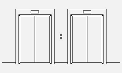 Two line elevators with closed doors black and white vector illustration.
