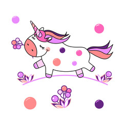 The unicorn runs happily with a sprig of berries in its mouth. Vector isolated on a white background.
