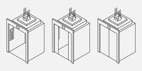 Isometric three line elevators with with closed, opened and half closed doors black and white vector illustration. © Markoff