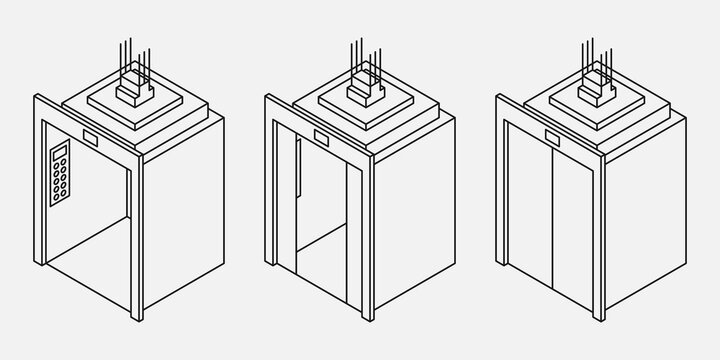Isometric three line elevators with with closed, opened and half closed doors black and white vector illustration.
