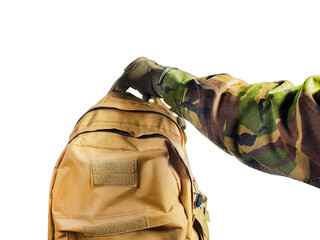 Isolated first person view soldier hand holding tactical military  bag.