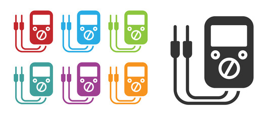 Black Ampere meter, multimeter, voltmeter icon isolated on white background. Instruments for measurement of electric current. Set icons colorful. Vector Illustration