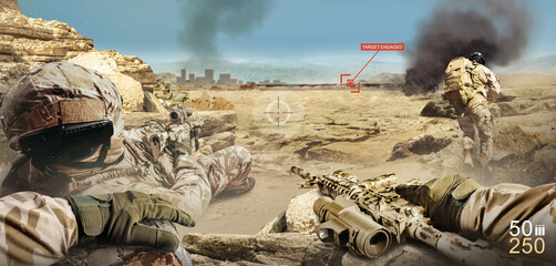 War soldier shooter game interface first person view, with soldiers attacking and shooting.