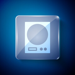 White Electronic scales icon isolated on blue background. Weight measure equipment. Square glass panels. Vector Illustration