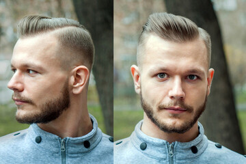 sport young man with a modern trendy fade profile haircut for barbershop, set