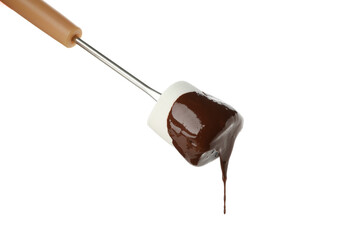 Marshmallow in chocolate sauce isolated on white background