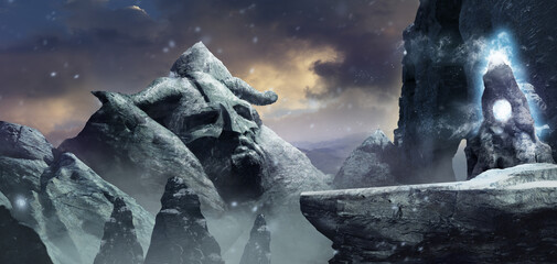 3d render illustration of fantasy viking winter mountain valley with magical glowing totem. - obrazy, fototapety, plakaty