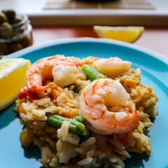 Risotto with shrimps and vegetables on the blue plate with slices of lemon and olives