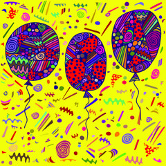 Vector illustration of festive colored balloons with asymmetrical geometric elements on a yellow background. greeting card
