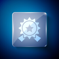 White Medal with star icon isolated on blue background. Winner achievement sign. Award medal. Square glass panels. Vector Illustration