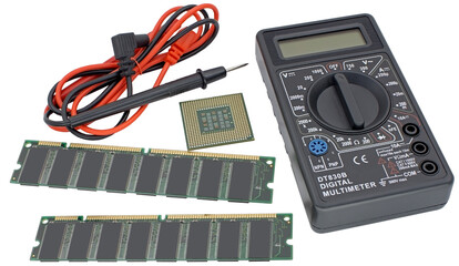 multimeter, modern CPU and circuit board on a white