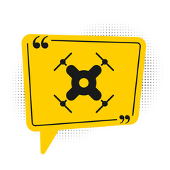 Black Drone flying icon isolated on white background. Quadrocopter with video and photo camera symbol. Yellow speech bubble symbol. Vector Illustration