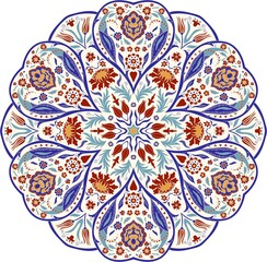 Floral hand drawn Mandala. Turkish motif. Round colorful floral ornament in traditional Oriental pattern. Isolated decorative element for card design, t-shirt print, ceramic tile.