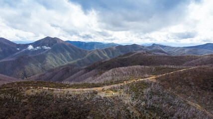 Aerial photo in the Great Alpine Road, Dinner Plain, Dargo. 