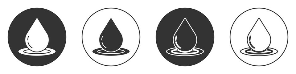 Black Water drop icon isolated on white background. Circle button. Vector Illustration