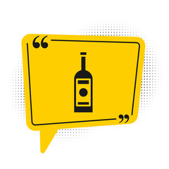 Black Glass bottle of vodka icon isolated on white background. Yellow speech bubble symbol. Vector Illustration