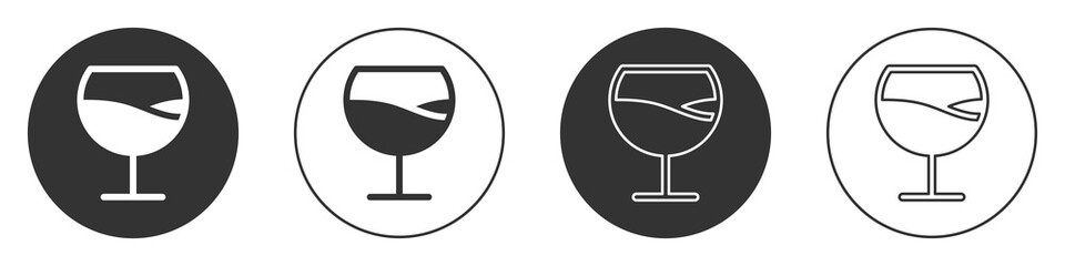 Black Wine glass icon isolated on white background. Wineglass sign. Circle button. Vector Illustration
