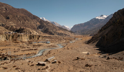 Panoramic view of Manang valley. Annapurna circuit. Nepal