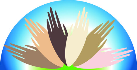 
Hands of different colors on a blue circle. The idea of ​​combining different races. The problem of interaction between different nations. The unity of all people. Friendship of Peoples logo. Banner.