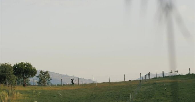 Wide Shot Of An Younger Farmer Walking Down The Landscape