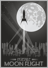 Retro Fantastic Movie Poster, Monochrome Placard, Retro Future Rocket Launching, Cityscape Silhouette, Night, Moon, Rays of Light 