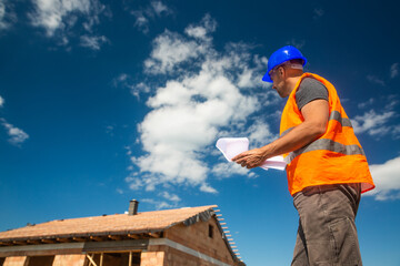 Construction or site manager overseeing the construction of the new building with a construction...
