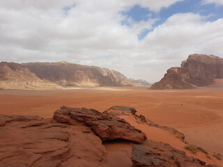 The endless expanses of the desert landscape of Wadi Rum, Jordan