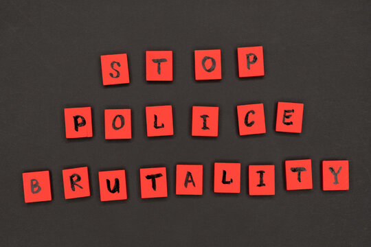 inscription stop police brutality. protest signs. lettering. red letters on wooden squares on a black background. black lives matter. I can t breathe
