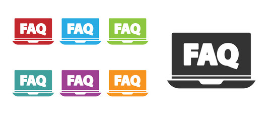 Black Laptop and FAQ icon isolated on white background. Adjusting, service, setting, maintenance, repair, fixing. Set icons colorful. Vector Illustration