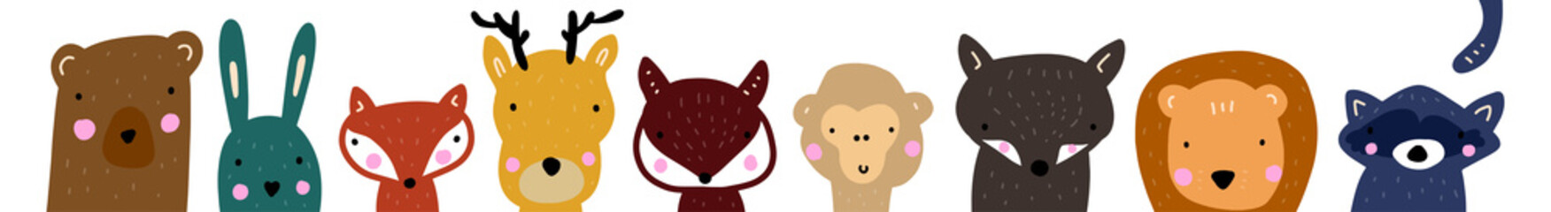 Big set isolated animals. Vector collection funny animals. Cute animals: forest, farm, domestic, polar in cartoon style. Bear, rabbit, fox, deer, squirrel, monkey, wolf, lion, raccoon. Doodle faces.