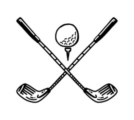 Vector hand drawing drawn illustration of golf ball and golf sticks. Golf equipment in doodle cartoon style. Logo for poster or invitation. Crossed elements for game.