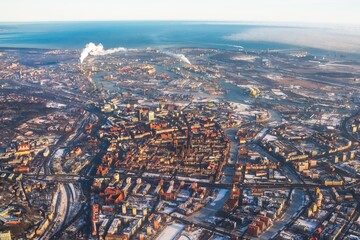 Aerial view of Gdansk Old Town and Shipyard in winter