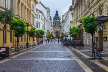 Zrinyi Street leading to St. Stephen's Basilica in Budapest after heavy rainfall