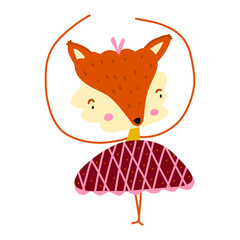 Fox baby girl cute print. Sweet animal with pink ribbon, ballet tutu standing in ballet pose. Cool illustration for nursery wallpaper, t-shirt, kids apparel, birthday card.