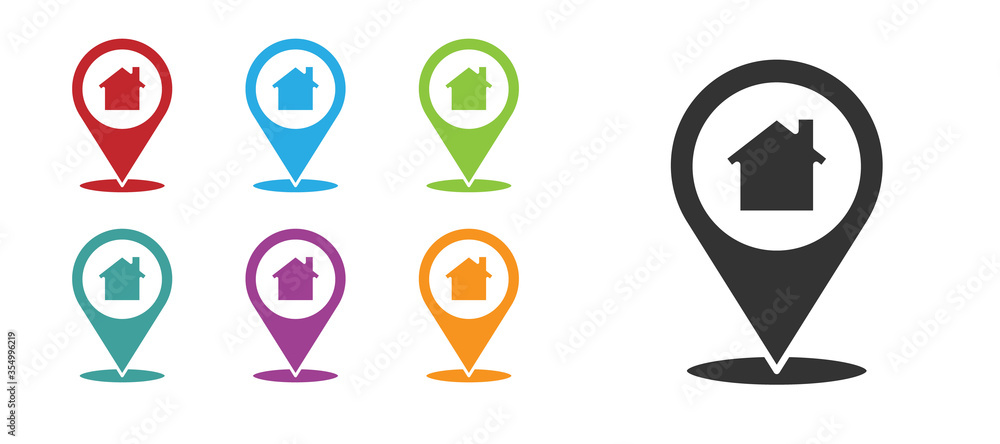 Poster black map pointer with house icon isolated on white background. home location marker symbol. set ico