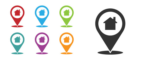 Black Map pointer with house icon isolated on white background. Home location marker symbol. Set icons colorful. Vector Illustration