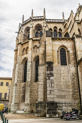 Fototapeta premium Fragments of Roman Catholic Cathedral of Saint-Jean. Cathedral of Saint-Jean is dedicated to Saint John the Baptist. Cathedral of Saint-Jean was built between 12th and 15th centuries. Lyon. France.