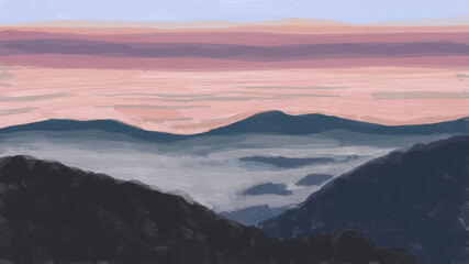 Fototapeta na wymiar mist sunrise sunset on the moutain water color painting