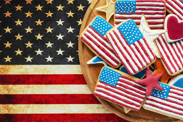 home baking cookies icing like american flag. patriotic background for US national holidays