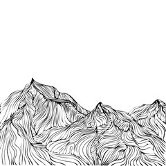 Abstraction of mountain peaks, mountain peaks with black lines on a white background. Raster image for printing on posters, banners, souvenirs
