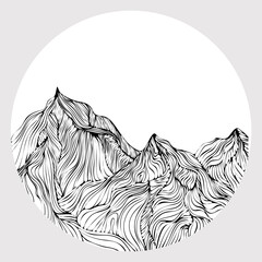 Abstraction of mountain peaks, mountain peaks with black lines on a white background. Raster image for printing on posters, banners, souvenirs
