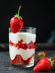 strawberry dessert with cream and mascarpone cottage cheese layers millefeuille Menu concept serving size. food background top view copy space for text keto or paleo diet organic healthy eating