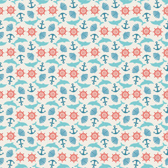 Seamless pattern of anchor, wheel, dolphin and seashell. Sea leisure sport pattern, marine print.