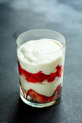 strawberry dessert with cream and mascarpone cottage cheese layers millefeuille Menu concept serving size. food background top view copy space for text keto or paleo diet organic healthy eating