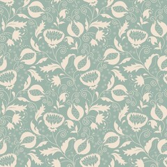 Seamless floral pattern in green and beige. Seamless victorian wallpaper. Vintage ornament for wallpaper, printing on the packaging paper, textiles